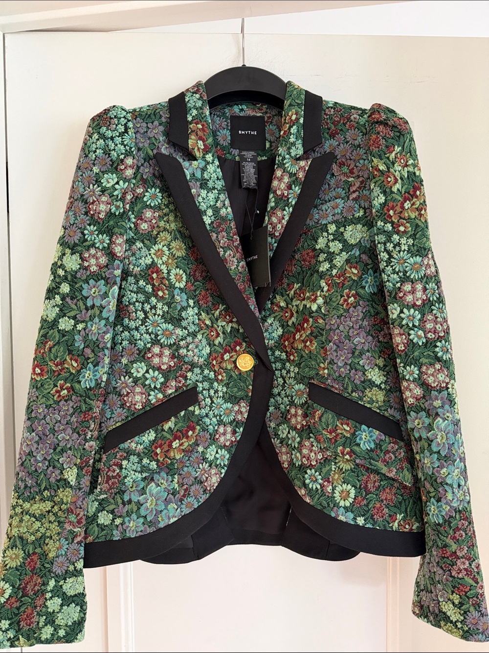Smythe Green Floral Blazer with Black Trim and Gold Button